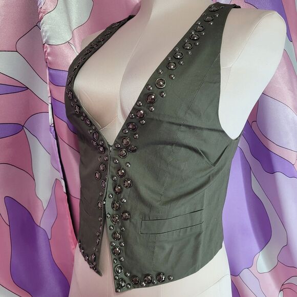 Womens Green Vest Small Tailored Bling Rhinestone Y2K Japan Fashion Festival Top - Picture 3 of 12